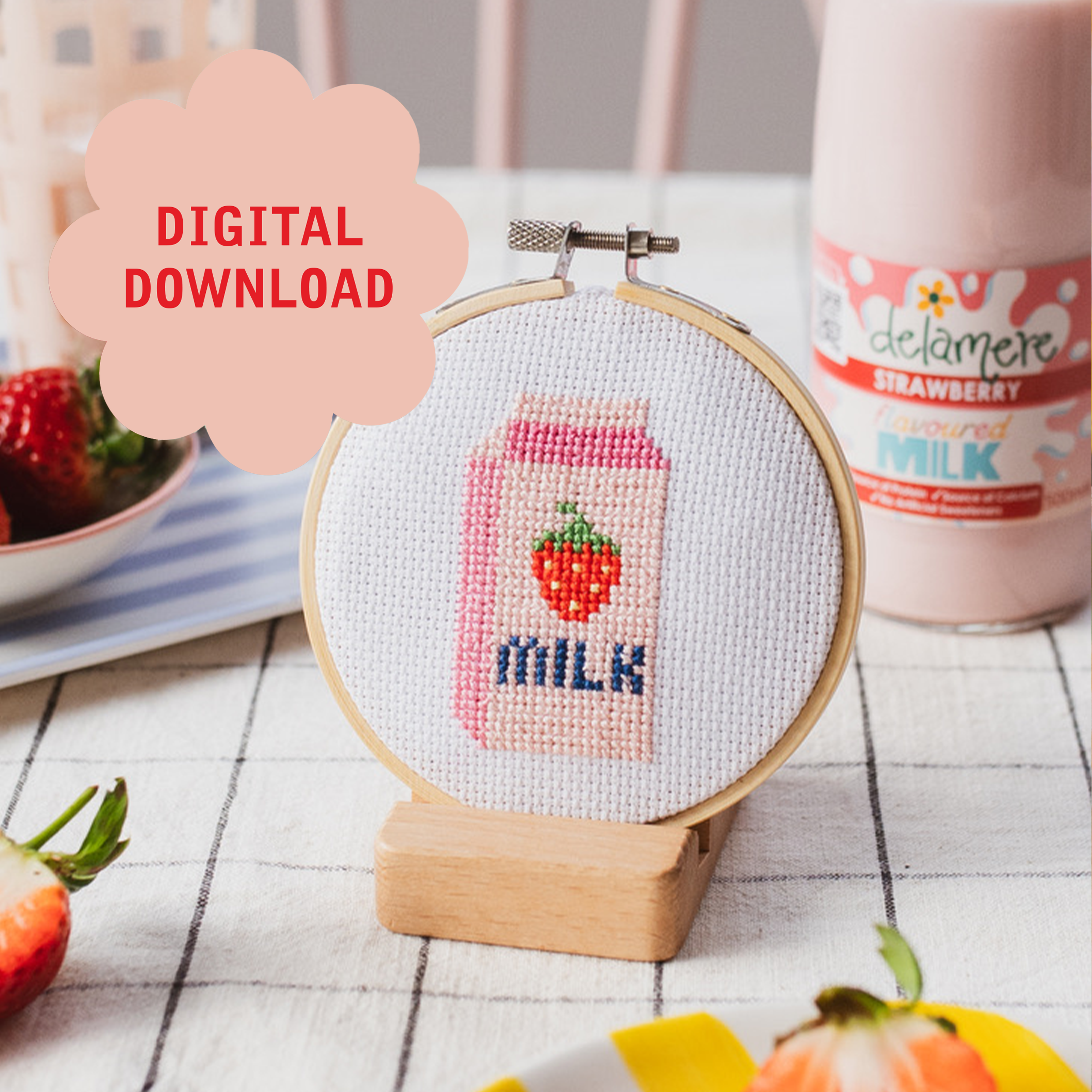 Strawberry Milk Cross Stitch PDF Pattern – Instant Download