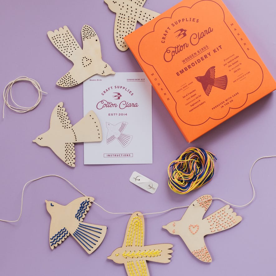 Cotton Clara Wooden Boards Wooden Bird Embroidery Kit – Beginner-Friendly DIY Garland or Hanging Decorations