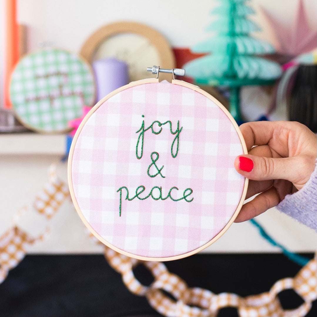 Joy and Peace Gingham Embroidery Hoop Kit
