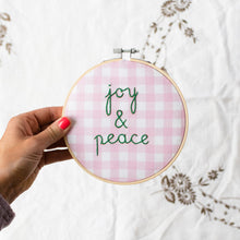Load image into Gallery viewer, Joy and Peace Gingham Embroidery Hoop Kit