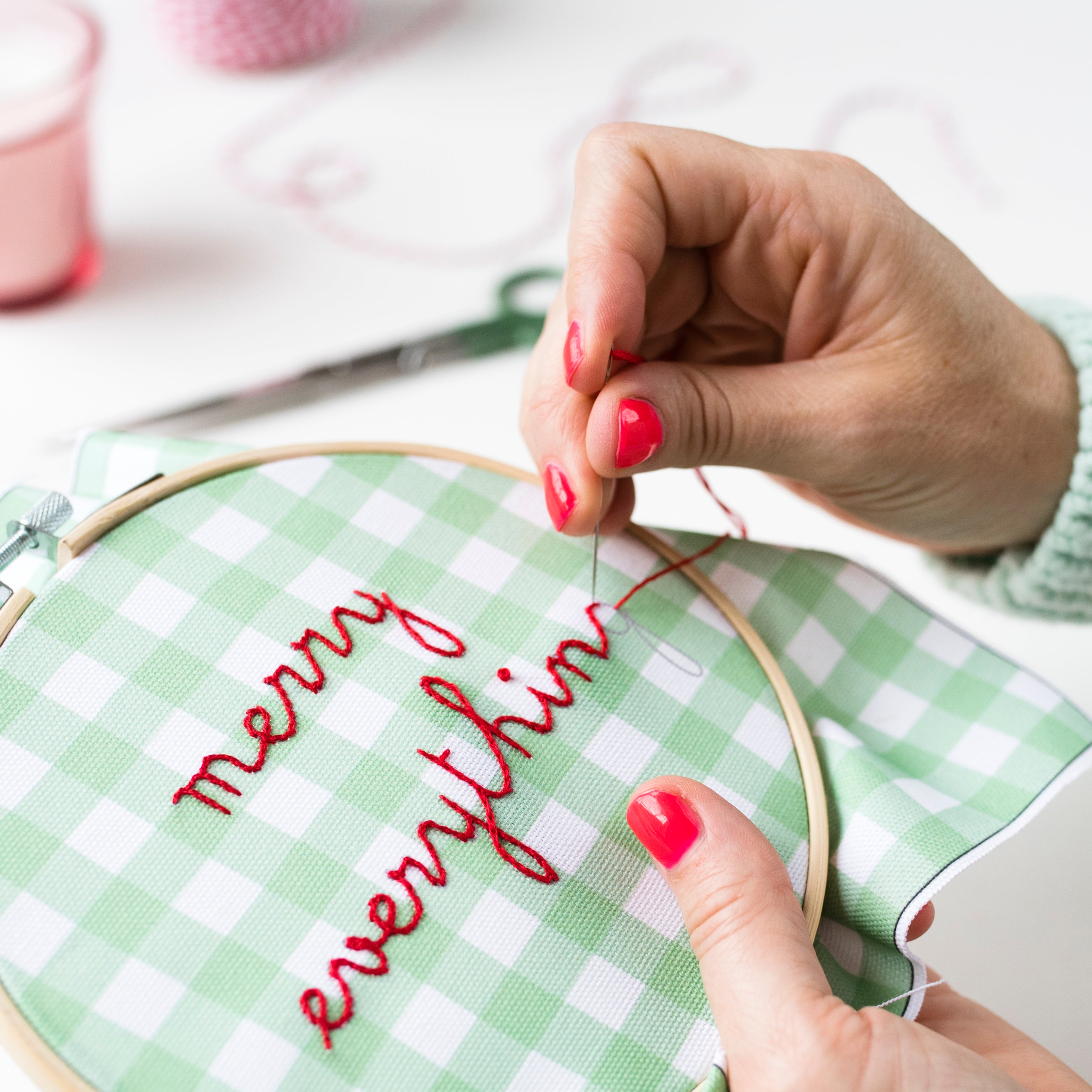 Merry Everything Gingham Embroidery Hoop Kit