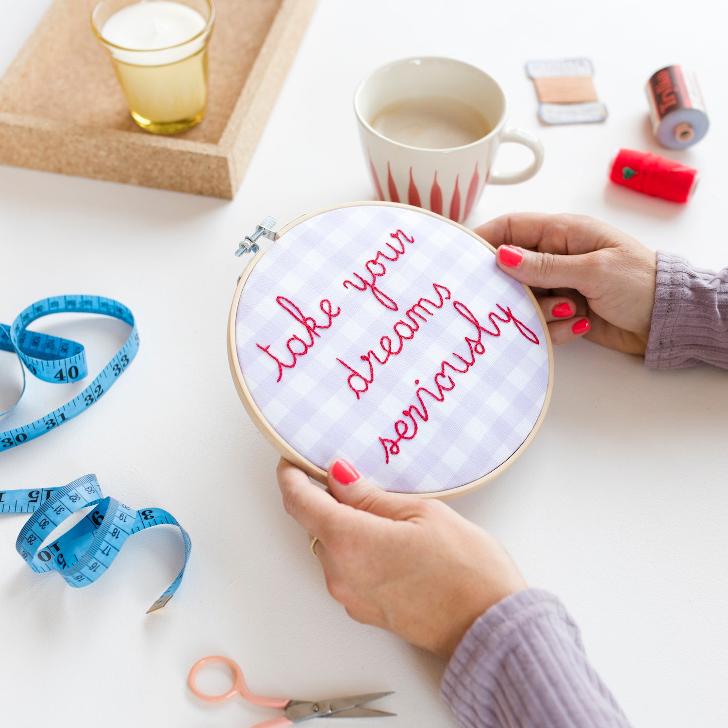 Take Your Dreams Seriously Gingham Embroidery Hoop Kit