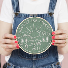 Load image into Gallery viewer, Adventure awaits embroidery hoop kit in green
