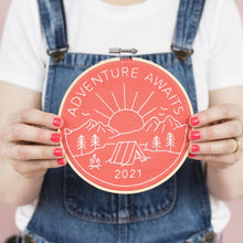Load image into Gallery viewer, Adventure awaits embroidery hoop kit in red