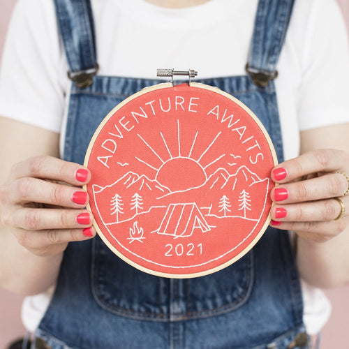 Adventure awaits embroidery hoop kit in red