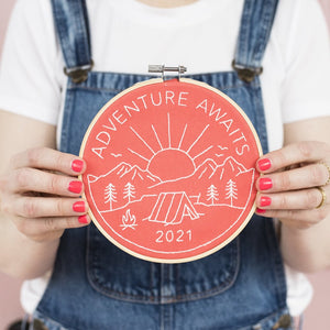 Adventure awaits embroidery hoop kit in red