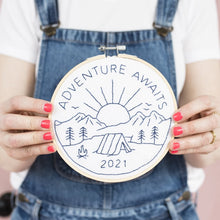 Load image into Gallery viewer, Adventure awaits embroidery hoop kit in cream