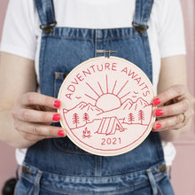 Load image into Gallery viewer, Adventure awaits embroidery hoop kit in peach