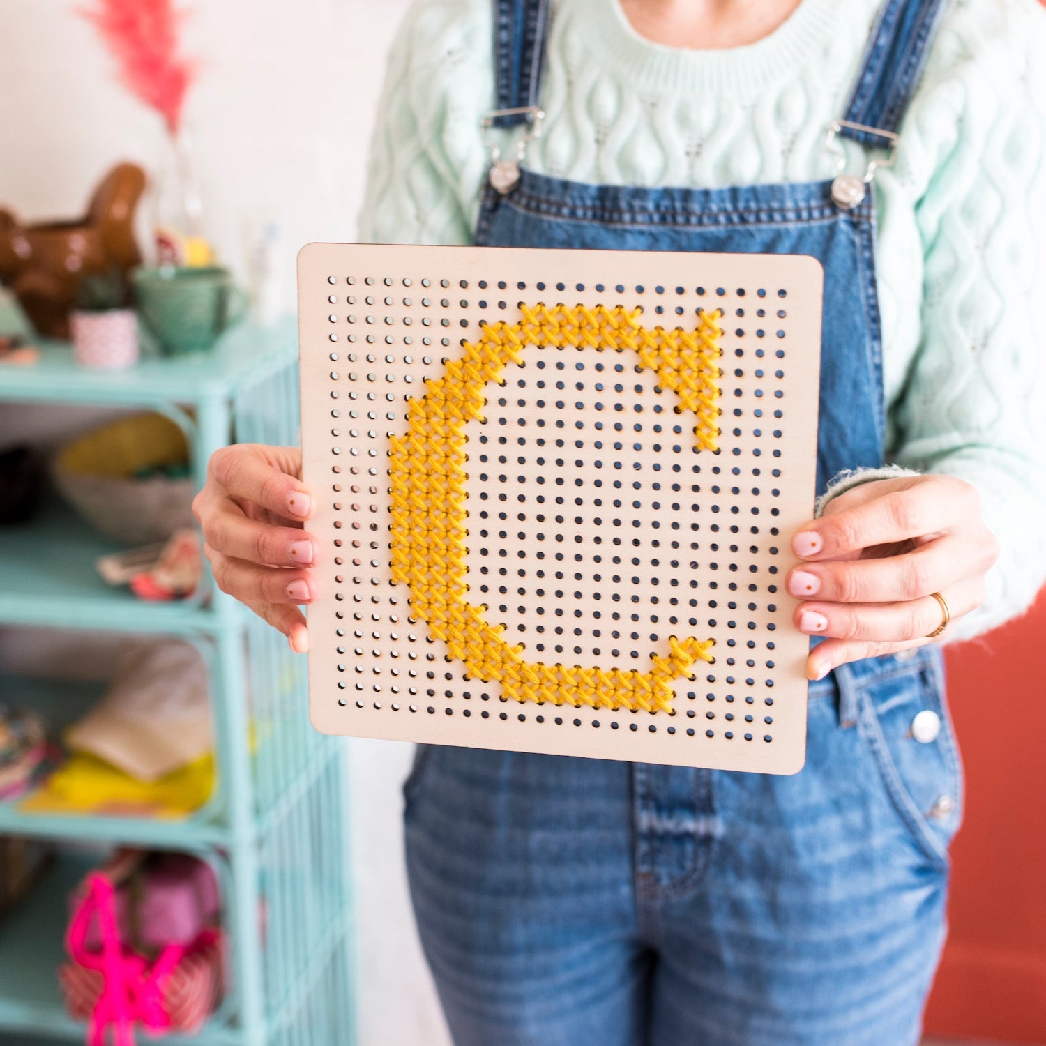 Mustard Cross Stitch Wooden Peg Board Kit