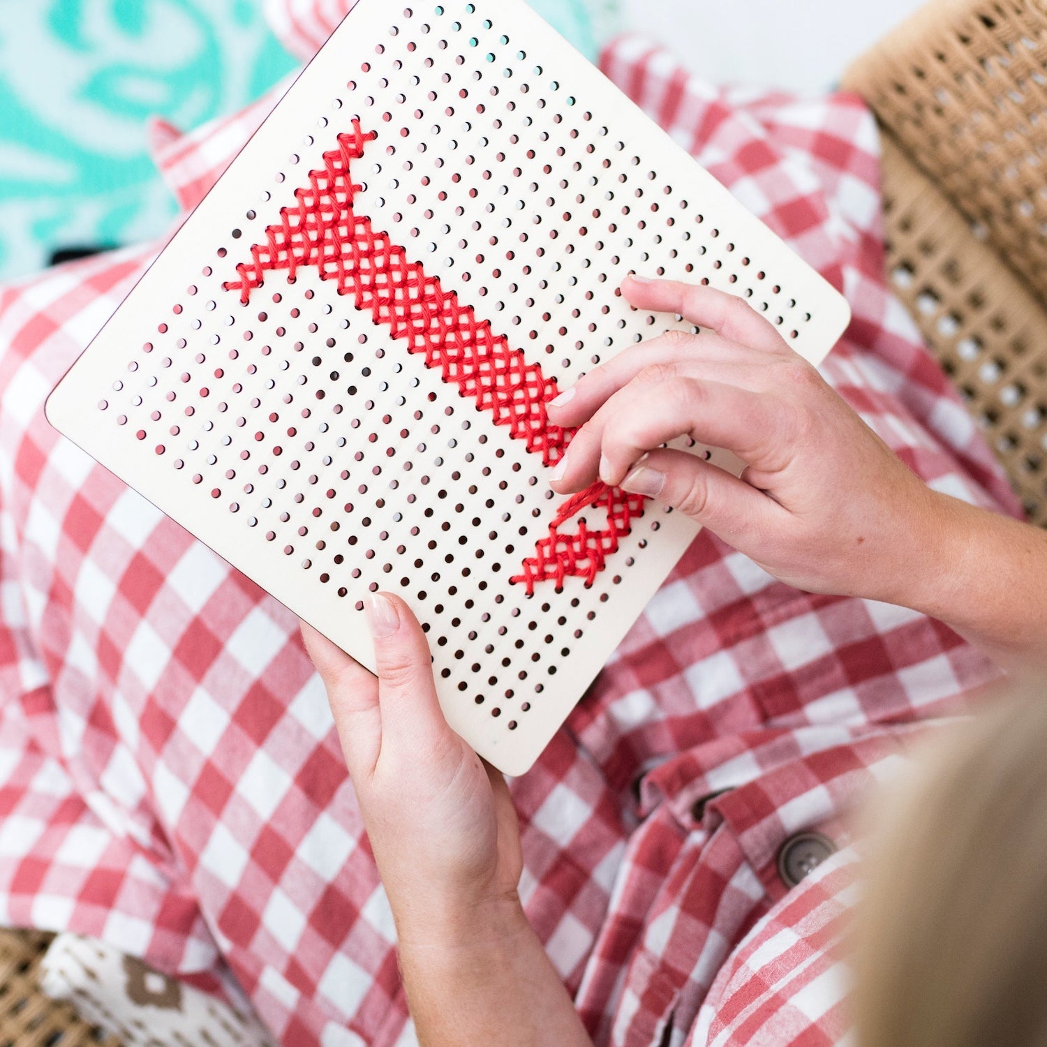Red Cross Stitch Wooden Peg Board Kit