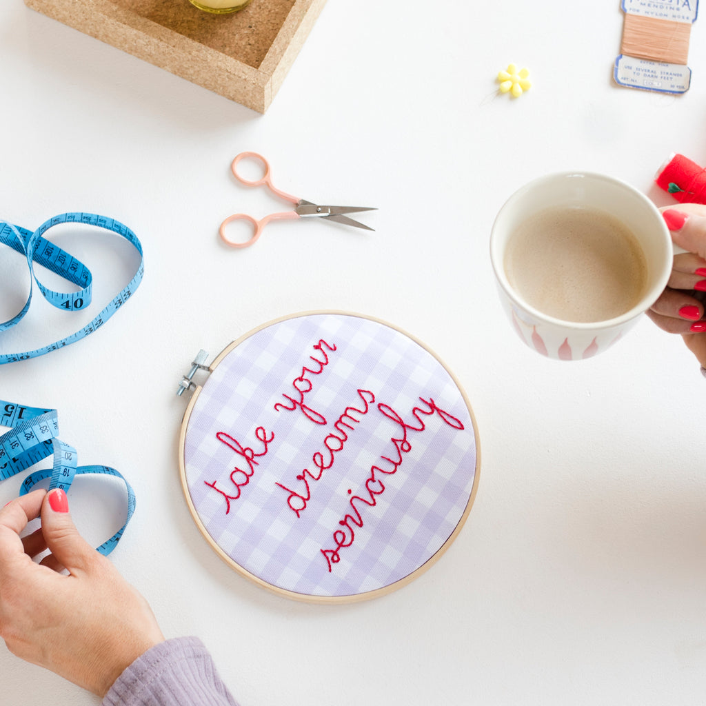 Take Your Dreams Seriously Gingham Embroidery Hoop Kit