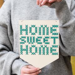 Home Sweet Home wooden embroidery kit in turquoise