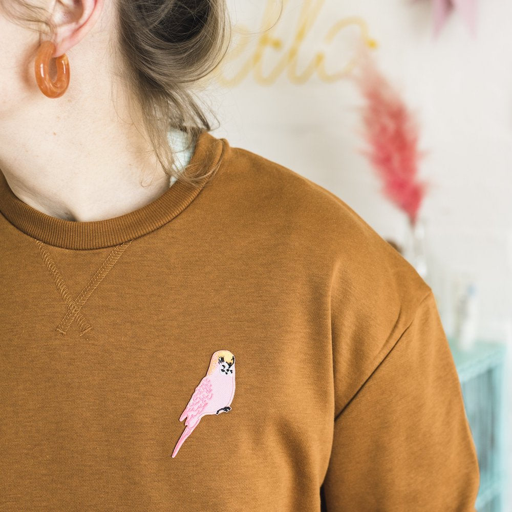 Pink budgie iron on patch