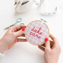 Load image into Gallery viewer, Take Care Gingham Hoop Embroidery Kit 4